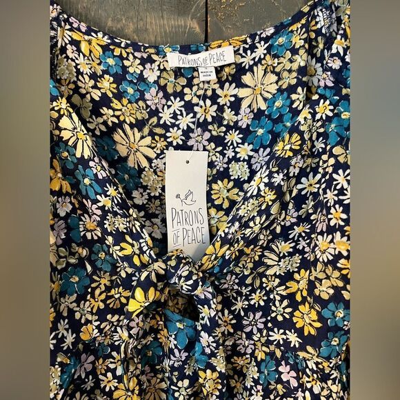 Patrons of Peace Floral Puff Sleeve Crop Top Navy Blue Yellow Daisy Print - Picture 6 of 7